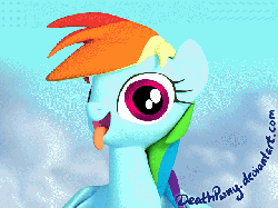 Size: 640x480 | Tagged: safe, artist:deathpwny, rainbow dash, pegasus, pony, a bird in the hoof, g4, 3d, adoracreepy, animated, blender, blender cycles, cloud, creepy, cute, dashabetes, female, flapping, flying, gif, licking, looking at you, mare, open mouth, silly, silly pony, sky, smiling, solo, tongue out