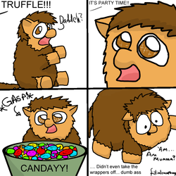 Size: 900x900 | Tagged: safe, artist:fillialcacophony, fluffy pony, bloated, candy, stupidity, truffle