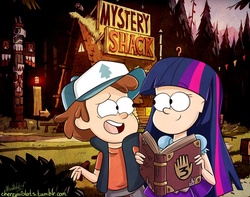 Size: 1000x788 | Tagged: safe, artist:cherryviolets, twilight sparkle, human, equestria girls, g4, boyfriend and girlfriend, crossover, crossover shipping, diplight, dipper pines, female, gravity falls, having a moment, humanized, journal #3, male, mystery shack, public display of affection, shipping, straight