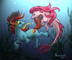 Size: 2060x1716 | Tagged: safe, artist:sunset80, barnacle, hippocampus, merpony, g1, swimming, underwater