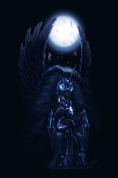 Size: 1440x2160 | Tagged: safe, artist:assasinmonkey, nightmare moon, pony, g4, crossed legs, dark, female, hoof shoes, looking at you, moon, moonlight, solo, throne