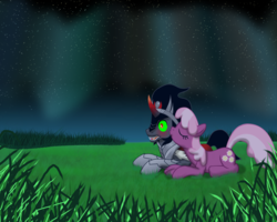 Size: 1600x1280 | Tagged: safe, artist:evil-dec0y, cheerilee, king sombra, earth pony, pony, unicorn, g4, aurora borealis, blushing, cheek kiss, crack shipping, female, grass, kissing, male, mare, night, prone, ship:sombralee, shipping, stallion, straight, surprised