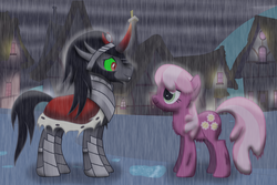 Size: 1345x900 | Tagged: safe, artist:evil-dec0y, cheerilee, king sombra, earth pony, pony, unicorn, g4, crack shipping, duo, eye contact, female, looking at each other, male, mare, rain, ship:sombralee, shipping, smiling, stallion, straight