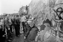Size: 1200x800 | Tagged: safe, artist:davca, gummy, pinkie pie, human, g4, berlin, berlin wall, black and white, germany, grayscale, irl, irl human, photo, ponies in real life