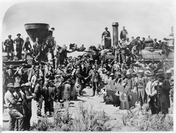 Size: 2145x1625 | Tagged: safe, artist:davca, fluttershy, little strongheart, pinkie pie, sheriff silverstar, human, g4, black and white, grayscale, irl, irl human, locomotive, photo, ponies in real life, saloon pinkie, train, transcontinental railroad