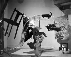 Size: 799x641 | Tagged: safe, artist:davca, pinkie pie, cat, human, g4, black and white, chair, chaos, dali atomicus, fine art parody, grayscale, hat, irl, irl human, philippe halsman, photo, ponies in real life, salvador dalí, umbrella, umbrella hat, wat, water