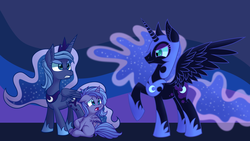 Size: 2562x1441 | Tagged: dead source, safe, artist:php92, nightmare moon, princess luna, alicorn, pony, g4, female, filly, filly luna, foal, lunar trinity, mare, self ponidox, woona, younger