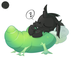 Size: 1630x1350 | Tagged: safe, artist:equestria-prevails, doomie, changeling, g4, bed, cocoon, cute, cuteling, eyes closed, male, nose wrinkle, on back, simple background, sleeping, smiling, solo, transparent background, vector, wavy mouth, z