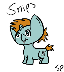 Size: 400x450 | Tagged: safe, artist:slumberpony, snips, pony, unicorn, g4, :p, :t, colt, foal, male, simple background, smiling, solo, text, tongue out, white background