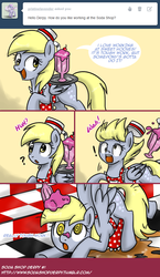 Size: 642x1109 | Tagged: safe, artist:pijinpyon, derpy hooves, pegasus, pony, g4, apron, ask, clothes, female, hat, mare, soda shop derpy, tumblr, waitress