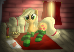 Size: 4066x2869 | Tagged: safe, artist:malamol, applejack, g4, clothes, drawing, female, hay bale, mouth hold, pencil, prone, socks, solo, striped socks