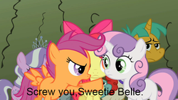 Size: 640x360 | Tagged: safe, edit, edited screencap, screencap, apple bloom, diamond tiara, scootaloo, silver spoon, snails, snips, sweetie belle, twist, g4, the return of harmony, caption, group, image macro, pointing