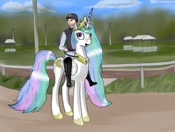 Size: 900x680 | Tagged: safe, artist:smehoon, princess celestia, human, g4, humans riding ponies, open mouth, race track, reins, riding, saddle, smiling