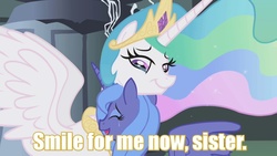 Size: 1280x720 | Tagged: safe, edit, edited screencap, screencap, princess celestia, princess luna, alicorn, pony, friendship is magic, g4, my little pony: friendship is magic, castle of the royal pony sisters, crying, female, gladiator, implications, mare, quote, s1 luna, text