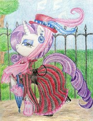 Size: 900x1175 | Tagged: safe, artist:oriwhitedeer, rarity, g4, clothes, dress, female, hat, solo, traditional art, umbrella, victorian
