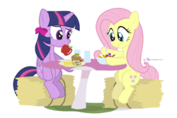 Size: 1350x900 | Tagged: safe, artist:dm29, fluttershy, twilight sparkle, alicorn, pegasus, pony, g4, :t, apple, bow, burger, cherry, confused, duo, eating, female, food, french fries, frown, fruit salad, glass, grapes, hair bow, hay bale, hay burger, hay fries, herbivore, hoof hold, hoof-friendly tool, looking at something, looking down, mare, mouth hold, nom, orange, puffy cheeks, raised eyebrow, salad, sandwich, show accurate, simple background, sitting, smiling, spoon, strawberry, table, transparent background, twilight sparkle (alicorn), water