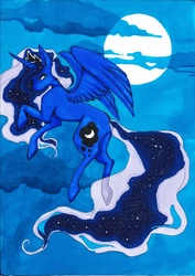 Size: 1652x2338 | Tagged: safe, artist:pinkuken, princess luna, g4, cloud, cloudy, female, flying, moon, solo, traditional art