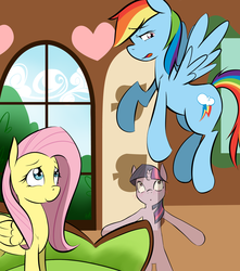 Size: 1500x1700 | Tagged: safe, artist:graphic-lee, fluttershy, rainbow dash, twilight sparkle, pegasus, pony, unicorn, g4, blushing, commission, confession, cover art, fanfic, female, fluttershy's cottage (interior), flying, invisible, lesbian, mare, ship:twidash, shipping, spell, unicorn twilight