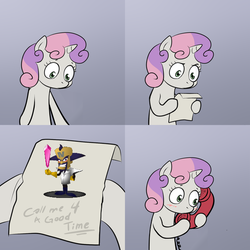 Size: 600x600 | Tagged: safe, sweetie belle, g4, blushing, call me for a good time, comic, crash bandicoot (series), crystal, dr. neo cortex, exploitable meme, meme, phone, sweetie's note meme