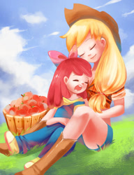 Size: 1181x1535 | Tagged: safe, artist:amy30535, apple bloom, applejack, human, g4, apple, drool, female, humanized, siblings, sisters, sleeping