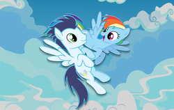 Size: 1024x647 | Tagged: safe, artist:bubblegum3558, rainbow dash, soarin', g4, female, male, ship:soarindash, shipping, straight