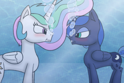 Size: 1280x853 | Tagged: safe, artist:jakethespy, princess celestia, princess luna, alicorn, pony, g4, :t, aquaphilia, bedroom eyes, blue eyes, blushing, bubble, colors:crowley, digital art, eye contact, eyeshadow, female, fetish, flowing mane, folded wings, grin, horn, lidded eyes, looking at each other, looking at someone, makeup, mare, pink eyes, royal sisters, siblings, sisters, smiling, smirk, sunlight, swimming pool, underwater, wings