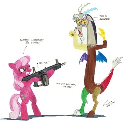 Size: 800x780 | Tagged: safe, artist:buckweiser, cheerilee, discord, draconequus, earth pony, pony, g4, aa12, bipedal, disproportionate retribution, duo, duo male and female, female, gun, male, mare, shotgun, traditional art, weapon