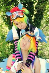 Size: 1366x2048 | Tagged: safe, artist:hetchrome, rainbow dash, human, g4, cosplay, duo, goggles, irl, irl human, photo