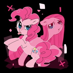 Size: 560x560 | Tagged: dead source, safe, artist:pasikon, pinkie pie, earth pony, pony, abstract background, black background, colored pupils, duality, female, looking at you, mare, pinkamena diane pie, pixiv, sad, simple background, solo, tongue out