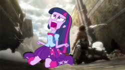 Size: 634x354 | Tagged: safe, twilight sparkle, equestria girls, g4, my little pony equestria girls, 3d maneuver gear, attack on titan, equestria girls drama, exploitable meme, meme, mikasa ackerman, twiscream