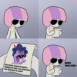 Size: 2000x2000 | Tagged: safe, sweetie belle, twilight sparkle, g4, afro, blaxploitation, disco belle, exploitable meme, funky, meme, sunglasses, sweetie's note meme