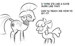 Size: 509x311 | Tagged: safe, artist:ragingsemi, apple bloom, zecora, zebra, g4, cutie mark, monochrome