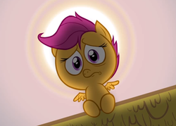 Size: 1280x914 | Tagged: safe, artist:hotdiggedydemon, scootaloo, pony, .mov, swag.mov, g4, cute, female, frown, looking at you, looking down, pony.mov, sad, scootasad, solo, sun