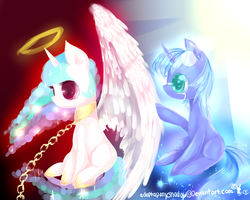 Size: 1500x1200 | Tagged: safe, artist:aquagalaxy, princess celestia, princess luna, g4, chains, crying, halo, sad