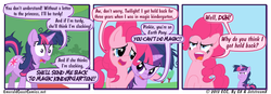 Size: 950x329 | Tagged: safe, artist:gx, pinkie pie, twilight sparkle, g4, lesson zero, comic, horsepower, magic kindergarten, twilight snapple, twilight sparkle is not amused, unamused