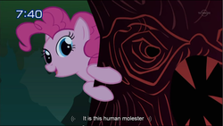 Size: 1280x724 | Tagged: safe, edit, edited screencap, screencap, pinkie pie, earth pony, pony, friendship is magic, g4, female, implied human, implied molestation, solo, tree, tv tokyo, youtube caption