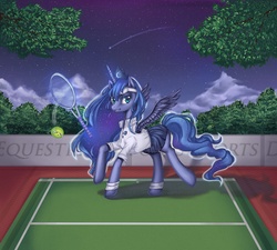 Size: 1233x1111 | Tagged: safe, artist:shiwizilla, princess luna, g4, clothes, female, night, skirt, solo, sports, sweatband, tennis, tennis ball, tennis racket