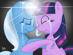 Size: 1024x768 | Tagged: safe, artist:benkomilk, trixie, twilight sparkle, g4, crying, eyes closed, female, happy, horn, horns are touching, hug, lesbian, magic, ship:twixie, shipping, simple background, smiling