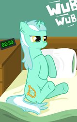 Size: 712x1121 | Tagged: safe, artist:negasun, lyra heartstrings, pony, unicorn, g4, bed, clock, female, lyra is not amused, solo, unamused, wub