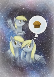 Size: 1000x1421 | Tagged: safe, artist:pumadriftcat, derpy hooves, pegasus, pony, g4, female, mare, moon, muffin, scrunchy face, space, three wolf moon