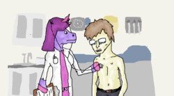 Size: 783x432 | Tagged: safe, artist:crystals1986, twilight sparkle, oc, human, anthro, g4, crying, doctor, listening, ms paint, self insert, stethoscope