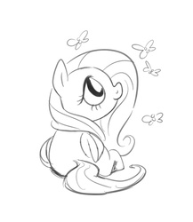 Size: 692x799 | Tagged: safe, artist:burrburro, fluttershy, butterfly, pegasus, pony, g4, female, folded wings, looking at something, looking up, monochrome, profile, prone, simple background, sketch, solo, white background