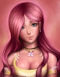 Size: 1140x1475 | Tagged: safe, artist:indiron, fluttershy, human, g4, bust, cleavage, cute, cutie mark accessory, cutie mark earrings, ear piercing, earring, female, humanized, jewelry, looking at you, necklace, piercing, shyabetes, solo