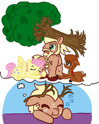 Size: 576x720 | Tagged: safe, artist:ficficponyfic, fluttershy, oc, oc:treebark, deer, deer pony, original species, pegasus, pony, reindeer, g4, do or deer, dream, sleeping, tree, zzz