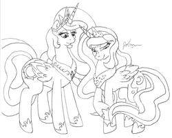 Size: 2523x2019 | Tagged: safe, artist:considerably-insane, princess celestia, princess luna, g4, lineart, monochrome