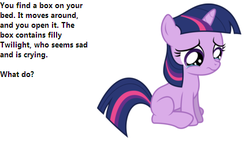 Size: 433x247 | Tagged: safe, twilight sparkle, pony, unicorn, g4, bronybait, crying, female, filly, filly twilight sparkle, foal, question, sad, sitting, text, unicorn twilight, what do, younger