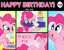 Size: 589x462 | Tagged: safe, edit, pinkie pie, g4, official, birthday, cake, cupcake, happy birthday, hub logo, may 3rd, mouth hold, text