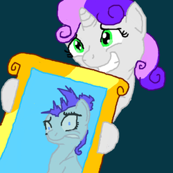 Size: 500x500 | Tagged: safe, artist:etech, rarity, sweetie belle, g4, alternate hairstyle, faic, mirror, missing horn