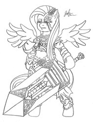 Size: 2255x2964 | Tagged: safe, artist:considerably-insane, fluttershy, pegasus, pony, g4, angry, armor, badass, bipedal, fantasy, female, monochrome, solo, sword, traditional art