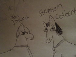 Size: 900x675 | Tagged: safe, glasses, jon stewart, ponified, stephen colbert, traditional art